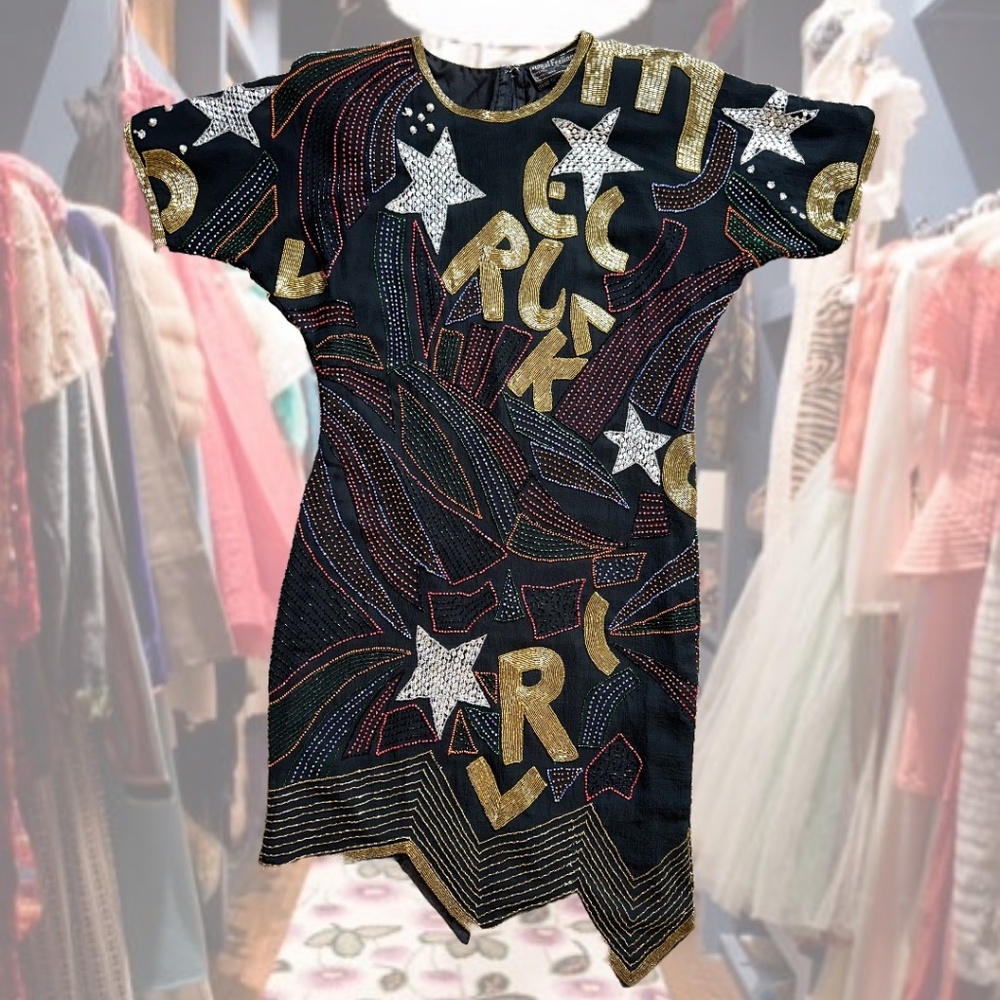 80s Vintage Cache Abstract Star Sequin Beaded Party Dress Drag Queen